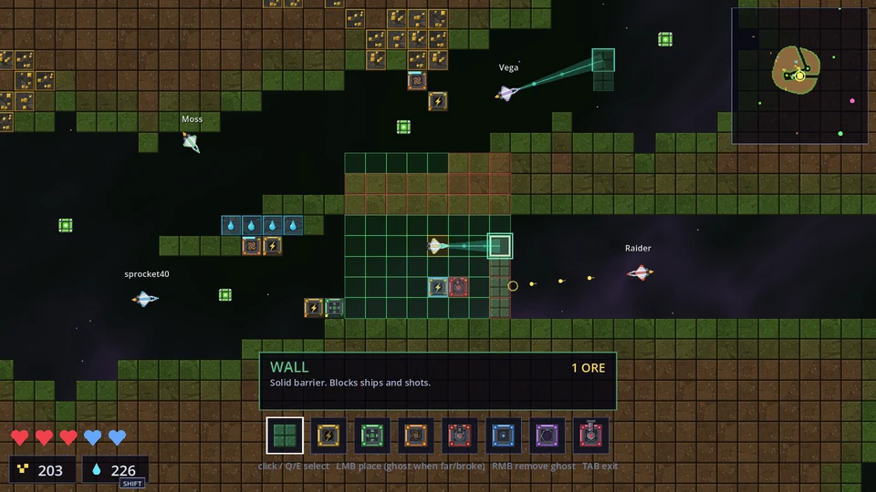 Players construct walls inside a resource-rich asteroid cave